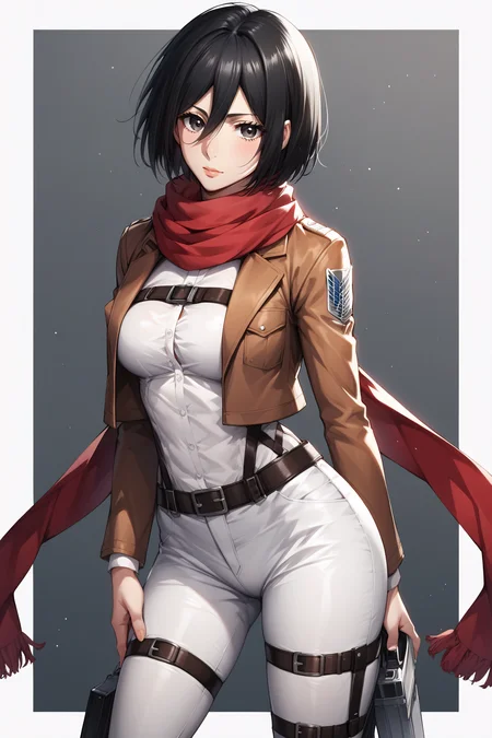 score_9, score_8_up, score_7_up, score_6_up, score_5_up, score_4_up, BREAK source_anime, <lora:mikasa ackerman-PonyXL:0.8> mikasa ackerman, black eyes, black hair, short hair, white shirt, thigh strap, open cropped brown jacket, red scarf, white pants, survey corps \(emblem\), boots, standing,