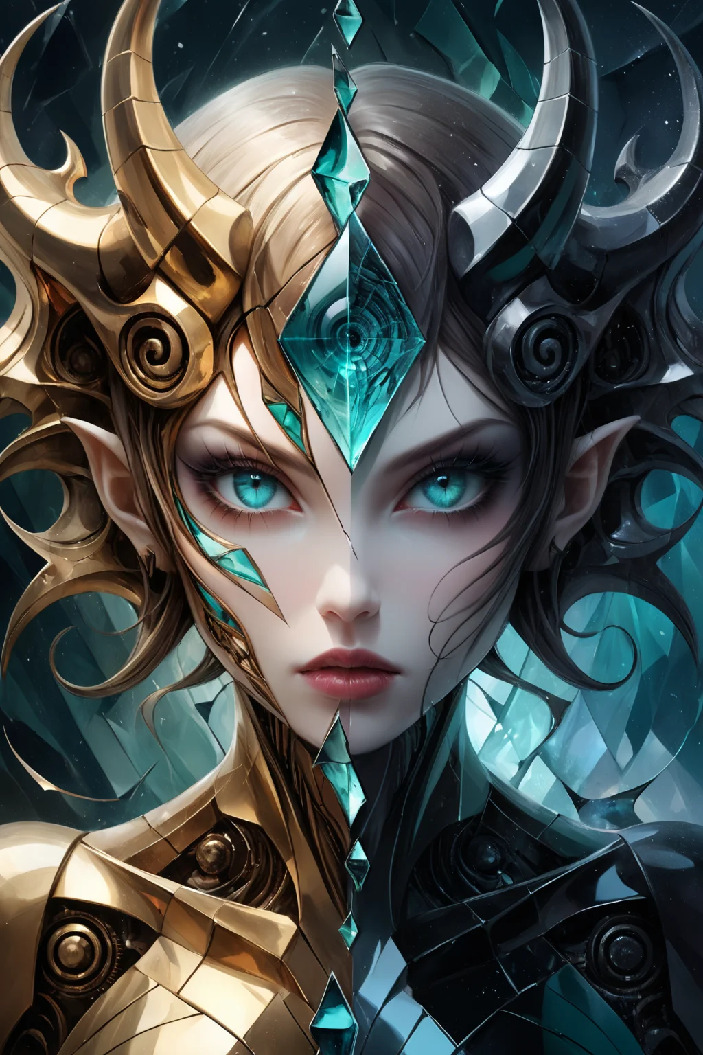 An abstract and mysterious depiction of a mechanical demon, presented as a mosaic shattered into two contrasting halves. The demon is viewed from a low angle, emphasizing her detailed, piercing eyes and sultry, seductive lips. The left half is vibrant and colorful, resembling a mosaic of intricate, glassy patterns with gray, teal, and black accents, evoking an enigmatic and dynamic energy. The right half is lighter, surreal, and impressionistic, with artistic elements hinting at hidden secrets and an inner world of complexity. Colored glass shards refract light across the image, creating a poster-like, impressionist aesthetic. The overall atmosphere is both captivating and unsettling, blending beauty with mechanical strangeness