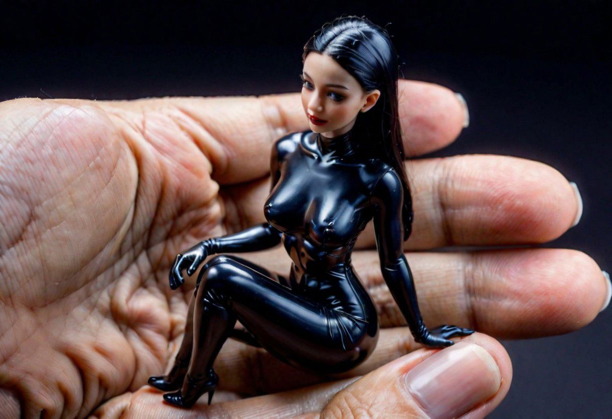(miniature woman), In a person's hand, black latex dress