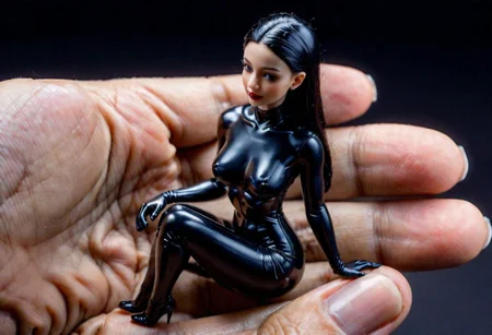 (miniature woman), In a person's hand, black latex dress