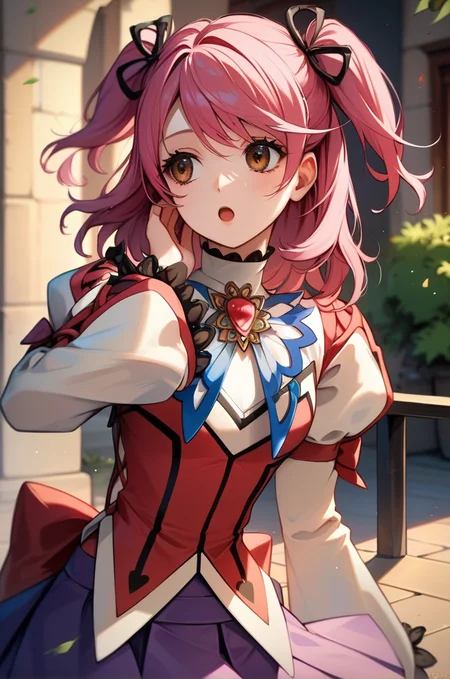 score_9, score_8_up, score_7_up, very aesthetic, source_anime, detailed, high quality, beautiful, masterpiece, detailed eyes,
<lora:lightXL:0.8>
village, blurry background,
upper body, close up,
touching own hair, open mouth, looking away,
<lora:cheria_autismConfetti_v03:0.95>
cheria barnes, pink hair, brown eyes, twintails, two side up, medium hair,
thighhighs, brooch, long sleeves, puffy sleeves, purple skirt, jewelry, black thighhighs, white footwear, (wide sleeves:0.7), pleated skirt, laces,, zPDXL