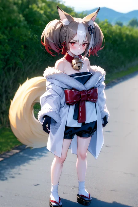 <lora:sekkatest:1>, 1girl, standing, full body, (highres, realistic, best quality, masterpiece, ultra-detailed, textured, ambient lighting, cinematic lighting), animal ears ,1girl , fox ears ,bangs , red eyes , multicolored hair , twintails , animal ear fluff ,brown hair , hair ornament ,bell , solo , looking at viewer ,braid ,neck bell , fox girl , jingle bell ,gloves , fur trim , ribbon ,two-tone hair ,japanese clothes ,off shoulder ,bare shoulders ,collar ,bow ,long sleeves , streaked hair ,blush , black gloves , tail ,white hair , fox tail , kimono ,wide sleeves , red bow , red ribbon ,multiple tails , red hair , collarbone , hair ribbon , short hair , choker , socks , shorts , ribbon trim , sash , black shorts , rope , small breasts , white kimono , fur-trimmed sleeves , tabi , black footwear , black socks , gradient hair , v-shaped eyebrows , dress ,sandals , hair between eyes , obi , medium hair , grey hair , thick eyebrows , short twintails , strapless , sweat , shimenawa , outdoors , fur-trimmed kimono kitsune, cloth, satin, silk, fur,