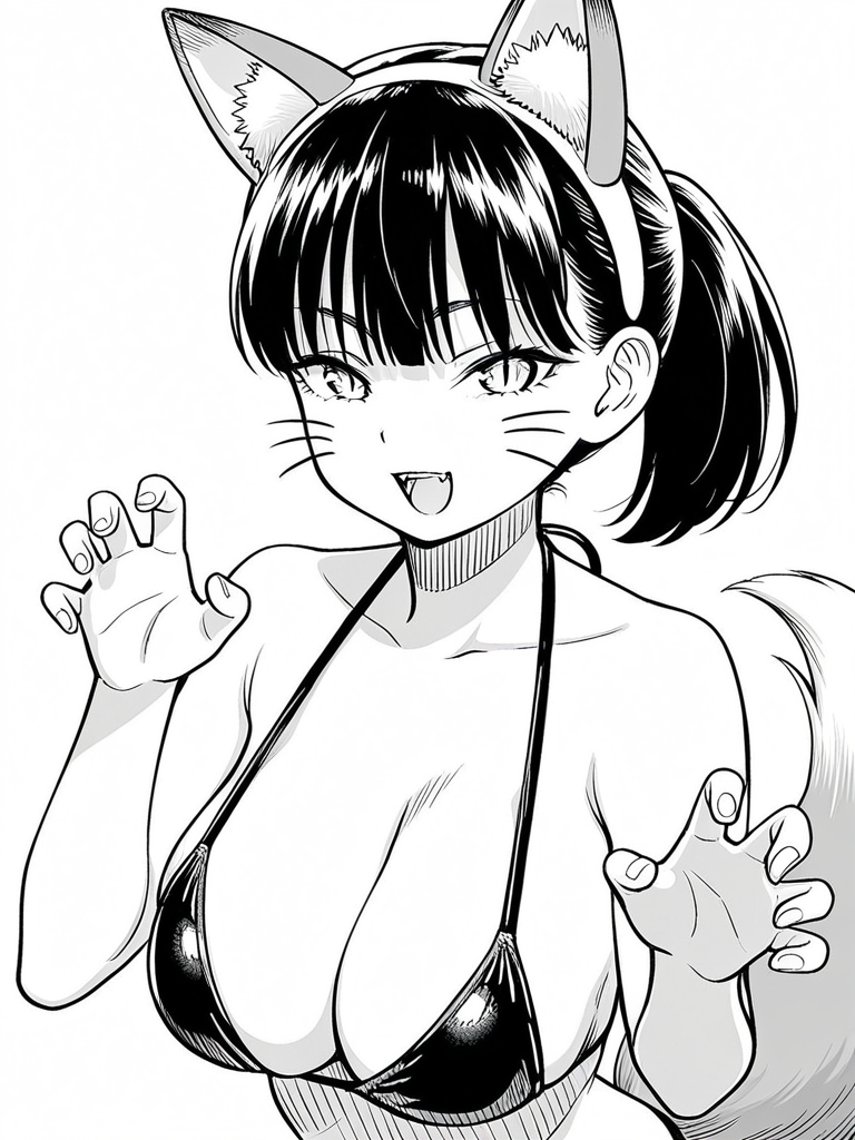 1girl, monochrome,  black hair, ponytail, large breasts, black bikini, slit pupils, fake whiskers, hairband, fake animal ears, fox ears, fox tail, claw pose, smile, open mouth, looking at viewer,