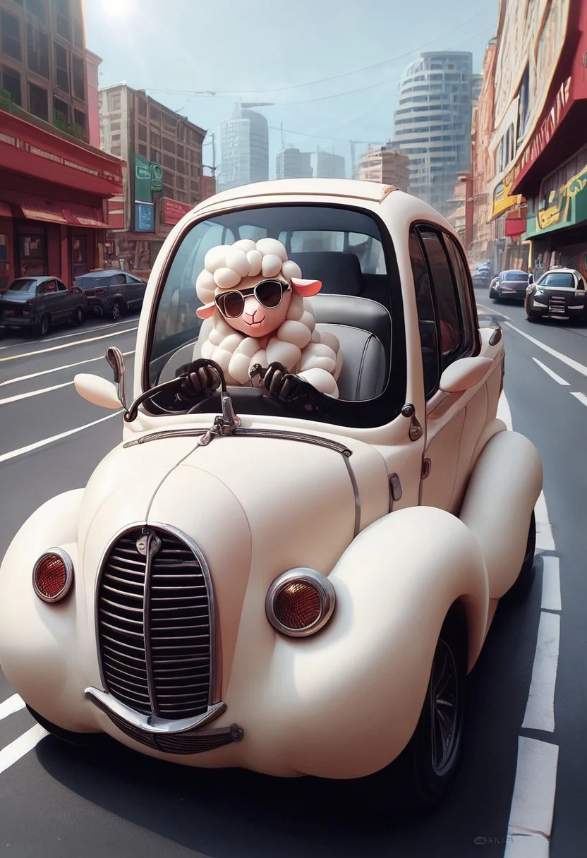 zPDXL3, latex sheep, sheep, looking at viewer, wrap around sunglasses, driving an old and battered car in a city, leaning out the window.