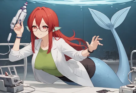 score_9, score_8_up, score_7_up, score_6_up, high resolution, gorgeous, absurdres, best quality, 1girl, ((((female focus)))), smile, anime screencap, Expressiveh, ((((solo)))), shiki 1_style, 1girl, monster girl, mermaid, mermaid tail, head fins, red hair, red eyes, glasses, blue tail, striped tail, medium breasts, labcoat, green shirt, dark grey skirt, bracelet, indoors, underwater, laboratory, smile, ray gun