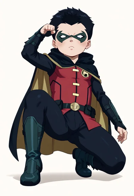 score_9, score_8_up, score_7_up, score_6_up, score_5_up, sorce_cartoon, source_hq, young, cute, 1boy, solo, male Robin ,masterpiece, best quality, amazing quality, best aesthetic, ,absurdres,intricate details,1boy,robin_dc, black hair, mask, black bodysuit, greeen gloves, cape, black boots, red vest, belt, slim but fit, jumping kick, kicking, from below, jumping, foot focus, full body,w3st3rnc0m1c,westerncomic, western comic art style, petite, shortstack, small body, detail1eye,concept art, realistic, dark theme, low light,, zPDXL3, emotional eyes, emotional face, cute face, easynegative, ng_deepnegative_v1_75t, detailed_eye_model, small eyes, square head, zPDXL3, easynegative, ng_deepnegative_v1_75t, CuteCartoonStyle, 3DMM, eyesHD, high gradient eyes, detailed eyes, high definition eyes, dynamic pose