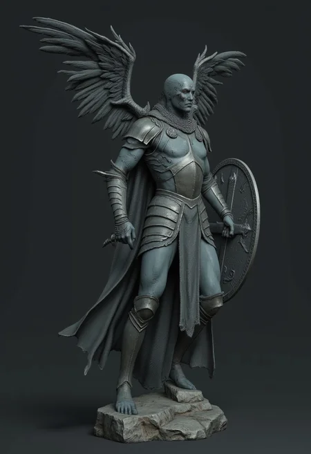 ff-comic, MikeFranchinastyle, d4artstyle, d4concept, , bbstyle,, horror theme, zbrush, ZBClay model of a gray sculpture
Set against a solid dark color background to emphasize its unsettling unnatural form that emphasizes its silhouette. The medium is not a traditional painting or illustrative medium like watercolor or ink but rather a digital 3D rendering.
A feathered knight with a cape, holding a templar shield, and a gladiator sword
