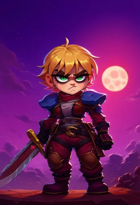 [score_9, score_8_up, score_7_up, <lora:Smooth Anime Style LoRA XL:1>, anime style, dark fantasy, 1girl gnome, short stature, big eyes, big ears, green eyes, long blonde hair, (shortstack:1.3), (medium breasts:1.1), round breasts, wearing armor,wearing hat, shoulder armor,skull emblem on shoulder,  (gloomy empty streets, dark forests, moon in the sky:1.6), Cold and angry, seductive gaze, fighting posture, (She holds a two-handed sword in her hands:1.9), bedroom eyes, solo, <lora:OtherStyle_03:1> <lora:Round_Breasts_XL_XV7:0.8>