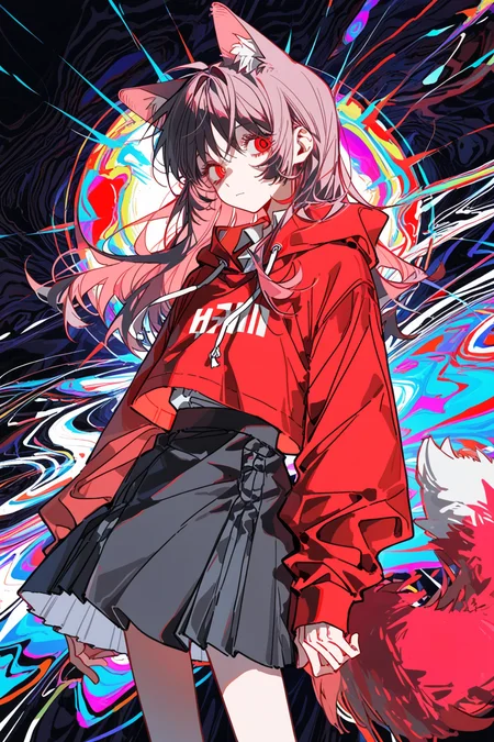 patzzi, (yoneyama mai:0.6), (soresaki, molu stranger:0.8),
1girl, solo, [pink|black] hair, [fox:cat:0.5] ears, hoodie, skirt, abstract background, (dark background:0.6)

<segment:yolo-Anzhc-Face-seg-1024-v2-y8n.pt,0.4,0.4//cid=11>