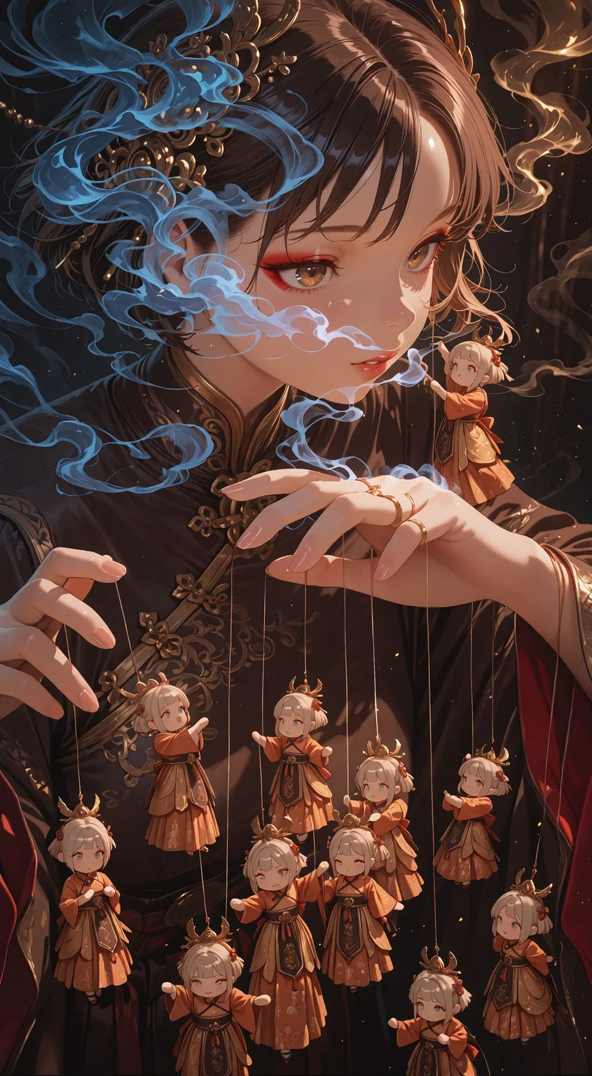 masterpiece, best quality, very aesthetic, absurdres, stylized, newest, depth of field, HDR, high contrast, sharp focus, 8k resolution, digital art, anime style, vibrant colors, photorealistic, smooth gradients, fantasy art style, cinematic lighting, mystical aura, art nouveau inspired, (soft lighting:1.2), (lighting from above:1.2), (scenery), (detailed background design), Anime girl, 1girl, solo, white short hair, makeup, parted lips, eyelash, (ethnicity:East Asian), in ornate Chinese-style dress (detailed clothing:1.2), manipulating small, intricately detailed puppets (detailed clothing:1.2, accessories:1.1), (detailed facial features:1.3, expression:1.2, body type:1.1, pose:1.2) centrally located in the frame, facing forward, surrounded by strings supporting puppets, puppets in various poses and expressions, (detailed skin texture:1.2), (detailed clothing:1.2), dark, rich color palette of blues, browns, and golds, soft lighting, stylized smoke-like elements (vivid color:1.2), creating a dreamlike atmosphere, photorealistic style, digital painting, high detail, 8k resolution.