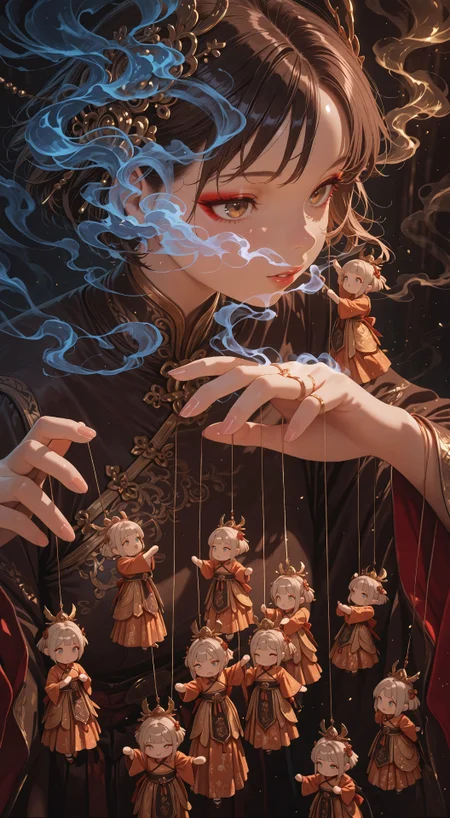 masterpiece, best quality, very aesthetic, absurdres, stylized, newest, depth of field, HDR, high contrast, sharp focus, 8k resolution, digital art, anime style, vibrant colors, photorealistic, smooth gradients, fantasy art style, cinematic lighting, mystical aura, art nouveau inspired, (soft lighting:1.2), (lighting from above:1.2), (scenery), (detailed background design), Anime girl, 1girl, solo, white short hair, makeup, parted lips, eyelash, (ethnicity:East Asian), in ornate Chinese-style dress (detailed clothing:1.2), manipulating small, intricately detailed puppets (detailed clothing:1.2, accessories:1.1), (detailed facial features:1.3, expression:1.2, body type:1.1, pose:1.2) centrally located in the frame, facing forward,  surrounded by strings supporting puppets,  puppets in various poses and expressions, (detailed skin texture:1.2),  (detailed clothing:1.2), dark, rich color palette of blues, browns, and golds, soft lighting, stylized smoke-like elements (vivid color:1.2), creating a dreamlike atmosphere, photorealistic style,  digital painting, high detail, 8k resolution.