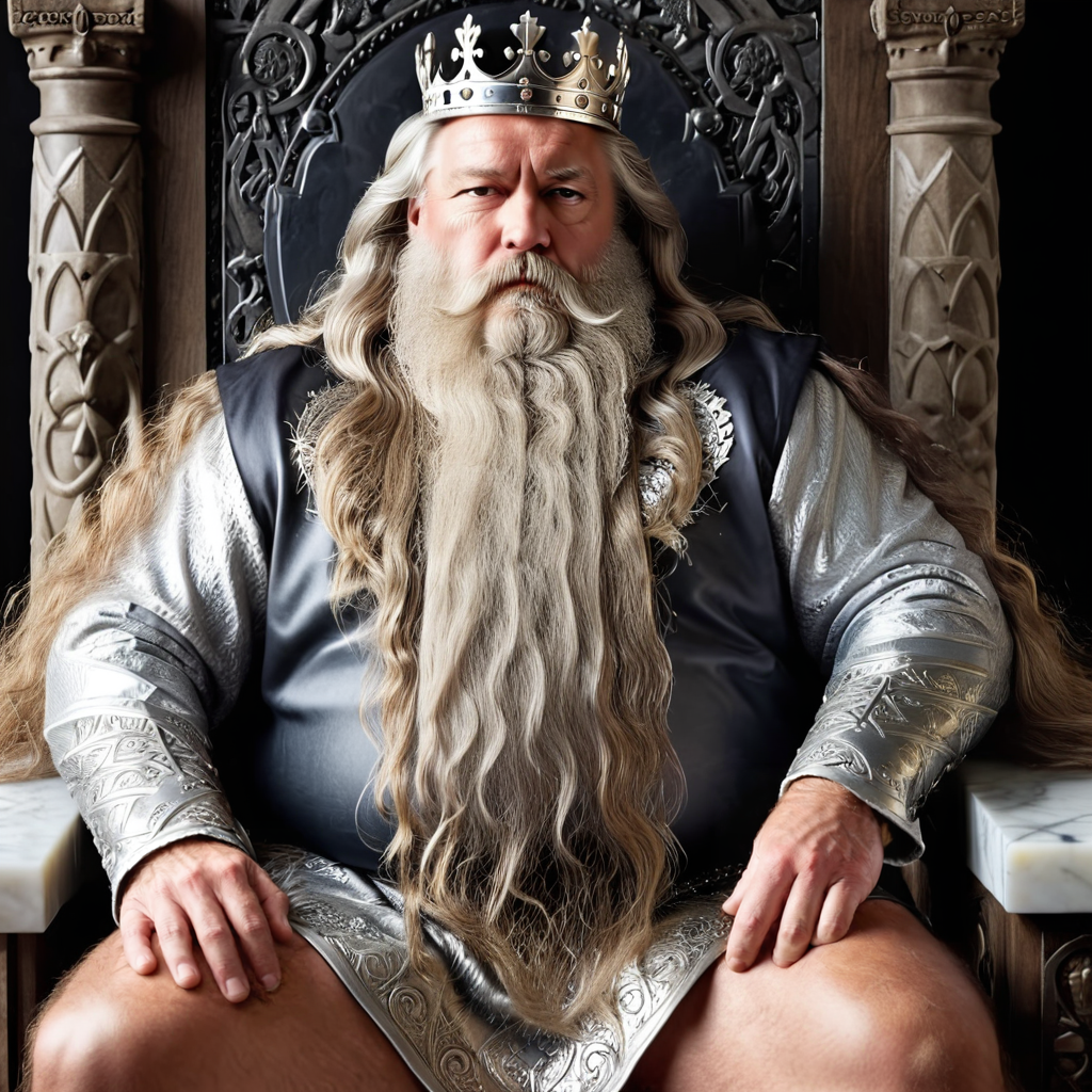 powerbeard, medieval king,  sitting on marble throne, crown, fat, muscle, long silver wavy hair, , tanned,wise, noble <lora:Power_Beards:1>