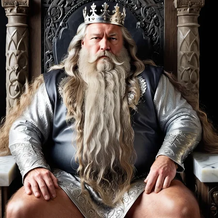 powerbeard, medieval king,  sitting on marble throne, crown, fat, muscle, long silver wavy hair, , tanned,wise, noble <lora:Power_Beards:1>