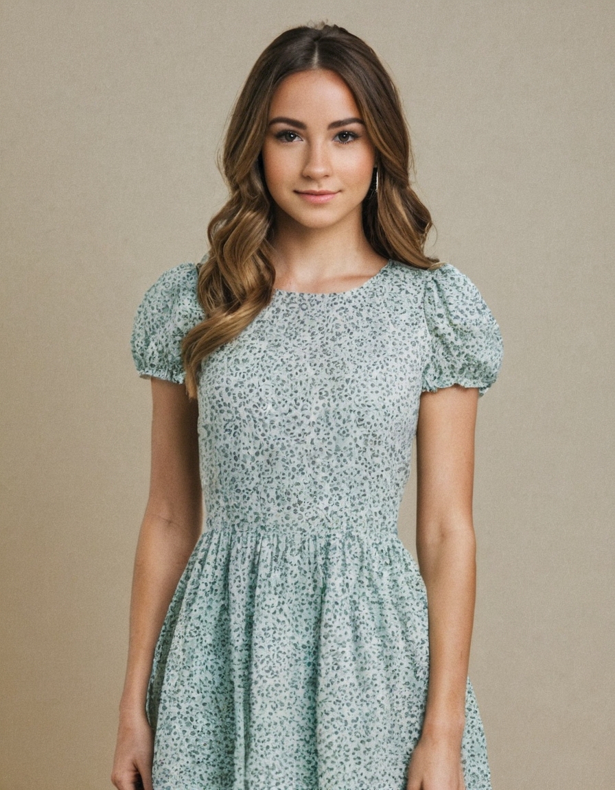 centered, portrait photo of 26 y.o woman, cute face, wearing dress