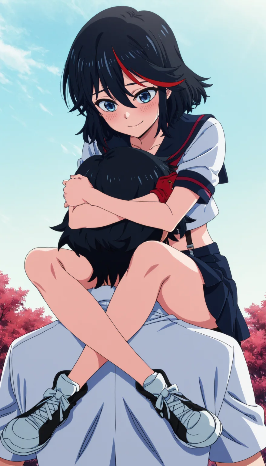 score_9, score_8_up, score_7_up, score_6_up, source_anime, high res, anime coloring, anime screencap, <lora:Reverse Shoulder Carry_Illustrious:0.9>Reverse Shoulder Carry,1girl,1boy,head lock,holding head,riding shoulder,background outdoors,smile,shy <lora:(Illustrious)Ryuko_ilus:0.8> R1uko, short hair, black hair, streaked hair, red hair, blue eyes,S3nk3tsuNormal, school uniform, midriff, suspenders, serafuku, skirt, single glove, shoes