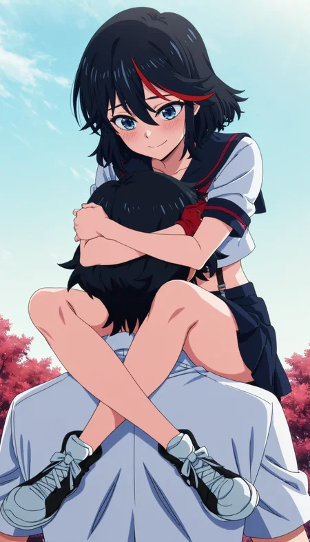 score_9, score_8_up, score_7_up, score_6_up, source_anime, high res, anime coloring, anime screencap, <lora:Reverse Shoulder Carry_Illustrious:0.9>Reverse Shoulder Carry,1girl,1boy,head lock,holding head,riding shoulder,background outdoors,smile,shy <lora:(Illustrious)Ryuko_ilus:0.8> R1uko, short hair, black hair, streaked hair, red hair, blue eyes,S3nk3tsuNormal, school uniform, midriff, suspenders, serafuku, skirt, single glove, shoes