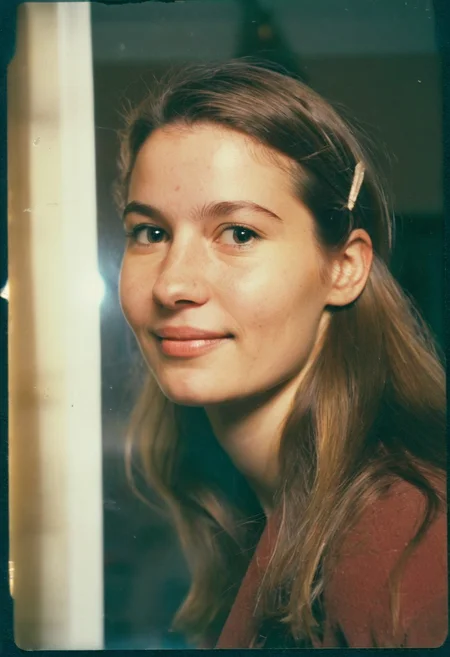 ((full body shot:1.4)),analog amateur picture,
1980s amateur photo style, taken with a cheap analog camera, slight motion blur, uneven lighting, soft focus, overexposed highlights and shadowy corners, film grain, slightly faded and warm colors, nostalgic indoor lighting, washed-out background, visible dust and scratches, glossy paper with age discoloration, Polaroid-style frame or rounded photo corners.

 All set in a cinematic 1980s atmosphere with vintage clothing, analog lens blur, and shallow depth of field