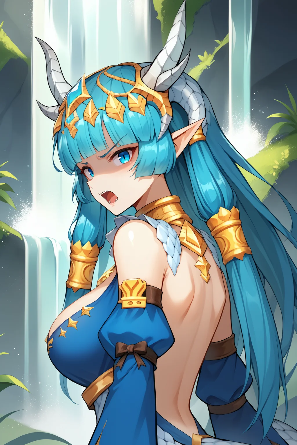 score_9,score_8_up,score_7_up, source_anime, 1girl, solo, LaiasKR, dragon horns, open mouth, angry, detached sleeves, long sleeves, large breasts, blue dress, cleavage, jewelry, blunt bangs, headpiece, long hair, hair tubes, from behind, scales skirt, scales pauldrons, dragon tail, upper body, half-length portrait, looking at viewer, looking back, shaded face, waterfall,<lora:laiaskr-ponyxl-bshi-v1:1.0>, backless outfit,