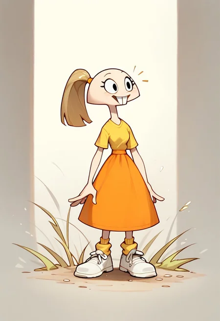 score_9, score_8_up, score_7_up BREAK pegTO, 1girl, bald head, black eyes, yellow hairclip, light brown ponytail, ponytail, buckteeth, bucktooth, no jaw, no lower jaw, half head, jawless, yellow longsleeved shirt, orange skirt, yellow socks, white shoes,