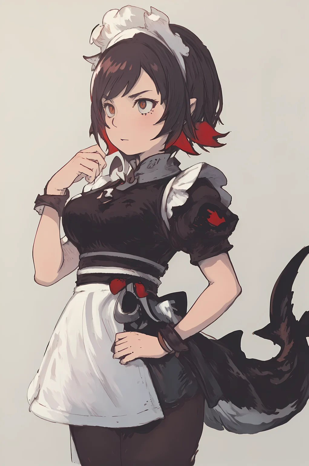 score_9, score_8_up, score_7_up, (masterpiece:1.4), (best quality:1.4), (Yoshida_Akihiko_PonyXL_style_v02.10.01:1.0), solo, 1girl, gray background, (chibi) ellenjoe, ellen joe, black hair, colored inner hair, multicolored hair, red eyes, red hair, short hair, two-tone hair, apron, black pantyhose, black shirt, black skirt, ear piercing, fins, fish tail, maid, maid apron, maid headdress, pantyhose, piercing, puffy short sleeves, puffy sleeves, shark girl, shark tail, shirt, short sleeves, skirt, tail, two-tone hair, wrist cuffs, round breasts, hands on hips, big breasts, (Bravely Default Style), yoshida akihiko, serious face, (red eyes:1.5), <lora:pony\char\game\hoyo\ellen-joe-ponyxl-lora-nochekaiser.safetensors>, <lora:pony\style\Yoshida_Akihiko_PonyXL_style_v02.10.01.safetensors>, <lora:styles\yoshida_akihiko_offset.safetensors>, <lora:styles\BravelyDefault.safetensors>, <lora:pony\body\Round_Breasts_XL_XV7-000038.safetensors>, <checkpoint:[Pony] prefectPonyXL_v10.safetensors>, <checkpoint:[SD15] flat2DAnimerge_v45Sharp.safetensors>, <checkpoint:[SD15] Anime_Sketchink.safetensors>