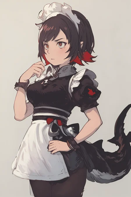 score_9, score_8_up, score_7_up, (masterpiece:1.4), (best quality:1.4), (Yoshida_Akihiko_PonyXL_style_v02.10.01:1.0), solo, 1girl, gray background, (chibi) ellenjoe, ellen joe, black hair, colored inner hair, multicolored hair, red eyes, red hair, short hair, two-tone hair, apron, black pantyhose, black shirt, black skirt, ear piercing, fins, fish tail, maid, maid apron, maid headdress, pantyhose, piercing, puffy short sleeves, puffy sleeves, shark girl, shark tail, shirt, short sleeves, skirt, tail, two-tone hair, wrist cuffs, round breasts, hands on hips, big breasts, (Bravely Default Style), yoshida akihiko, serious face, (red eyes:1.5), <lora:pony\char\game\hoyo\ellen-joe-ponyxl-lora-nochekaiser.safetensors>, <lora:pony\style\Yoshida_Akihiko_PonyXL_style_v02.10.01.safetensors>, <lora:styles\yoshida_akihiko_offset.safetensors>, <lora:styles\BravelyDefault.safetensors>, <lora:pony\body\Round_Breasts_XL_XV7-000038.safetensors>, <checkpoint:[Pony] prefectPonyXL_v10.safetensors>, <checkpoint:[SD15] flat2DAnimerge_v45Sharp.safetensors>, <checkpoint:[SD15] Anime_Sketchink.safetensors>