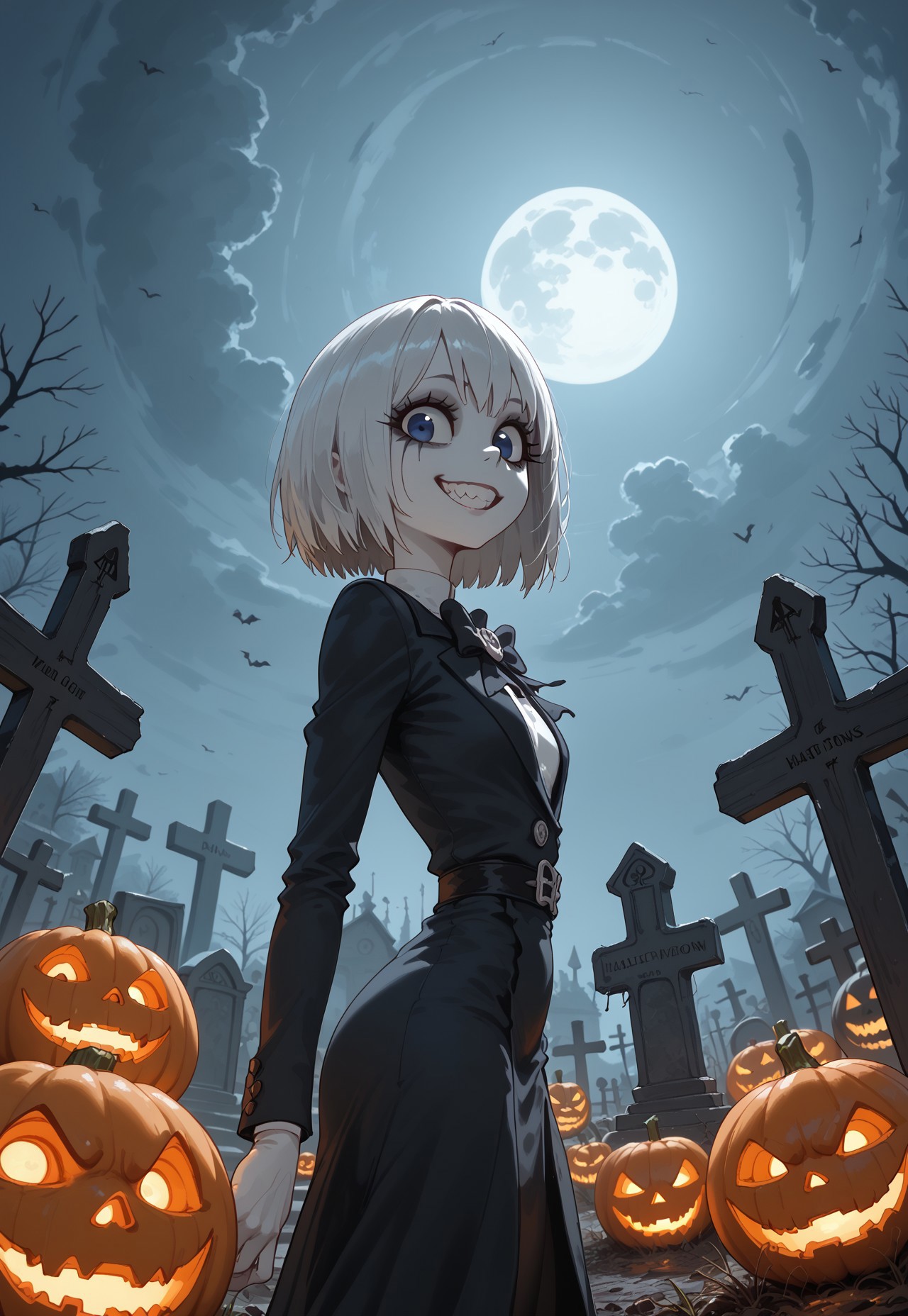 safe_pos, score_9, score_8_up, score_8, score_7_up,
BREAK,
atmospheric and moody weather, sky partially obscured by dark swirling clouds, ground is rough and muddy, scattered with jagged rocks at a desolate graveyard with halloween pumpkins,
Slim body, <lora:jack_tnbc:1> jack_tnbc, no eyes, smile,
light side view ((view from below, very close)), in front of viewer, outdoors, looking at viewer, teeth<lora:Expressive_H:1>,Expressiveh
