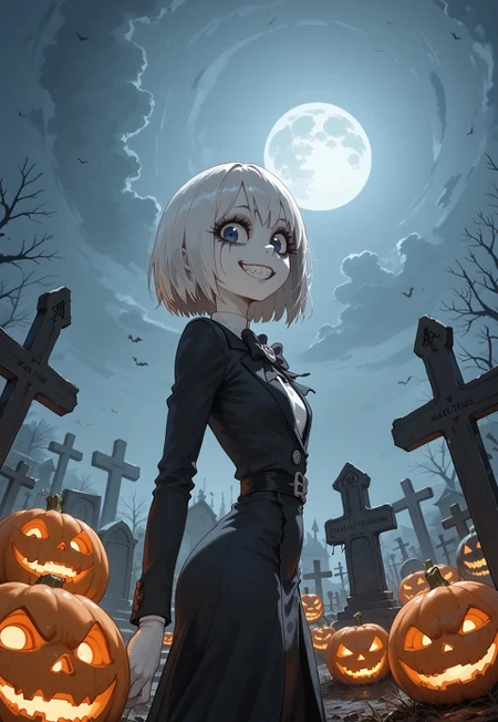 safe_pos, score_9, score_8_up, score_8, score_7_up,
BREAK,
atmospheric and moody weather, sky partially obscured by dark swirling clouds, ground is rough and muddy, scattered with jagged rocks at a desolate graveyard with halloween pumpkins,
Slim body, <lora:jack_tnbc:1> jack_tnbc, no eyes, smile,
light side view ((view from below, very close)), in front of viewer, outdoors, looking at viewer, teeth<lora:Expressive_H:1>,Expressiveh