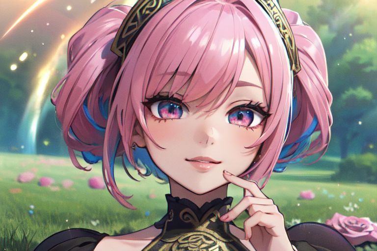 (masterpiece:1.4), 4K8K, (anime style), (high shutterspeed:1.4), (sharp edges), 
SyFyEye1, FanFo, 
1woman  hands togather,  leaning foward, face focus, smile, closed mouth, 
wearing Celtic style dress, (Detailed face, Detailed eyes, Detailed lips), (solo), 
pink hair, any colored roses, Fantastic, grass firld, lakeside,