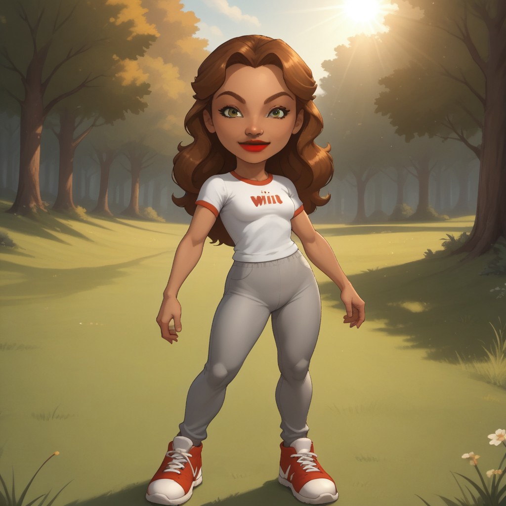 score_9, score_8, BREAK, solo, wii, mii, wii sports, 1girl, female mii, dark yellow eyes, black eyeshadow, auburn hair, red lips, lipstick, big lips, white clothing, gray pants, shoes, cute, nintendo mii, modern_mii, classic_mii, breasts, naomi_(\wii_sports\), sexy pose, smile, outdoors, sunlight, shadows, evening lighting, natural lighting, forest, trees, grass, orange sky, sunset