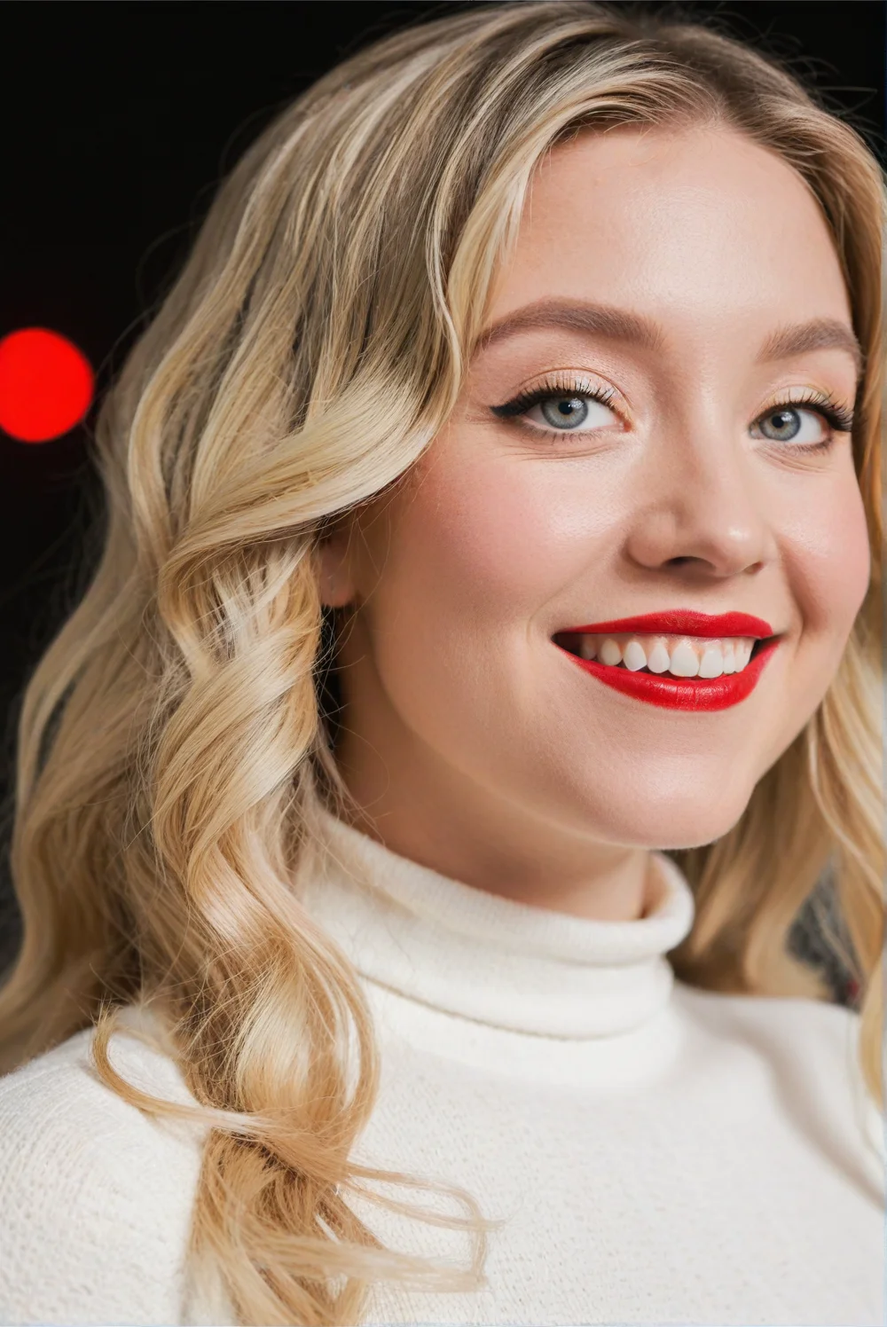 sydneysweeney, accentuated by dramatic winged eyeliner and bold red lipstick, smile, wavy, blonde hair, likely a premiere or a formal gathering. She has fair skin, natural makeup look with a hint of pink lipstick. She is wearing a dress with a turtleneck, realistic textures, (deep focus, focus on background:1.5), 8k uhd, dslr, ultra high quality image, film grain, Fujifilm XT3<lora:sydneyXL:1>