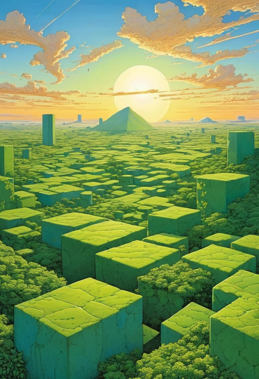 a view of a landscape where everything is cubical, cubical sun, cubical cloud, cubical landscape, cubical greenery, Moebius art style,