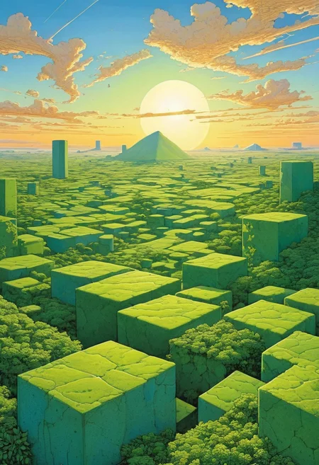 a view of a landscape where everything is cubical, cubical sun, cubical cloud, cubical landscape, cubical greenery, Moebius art style,