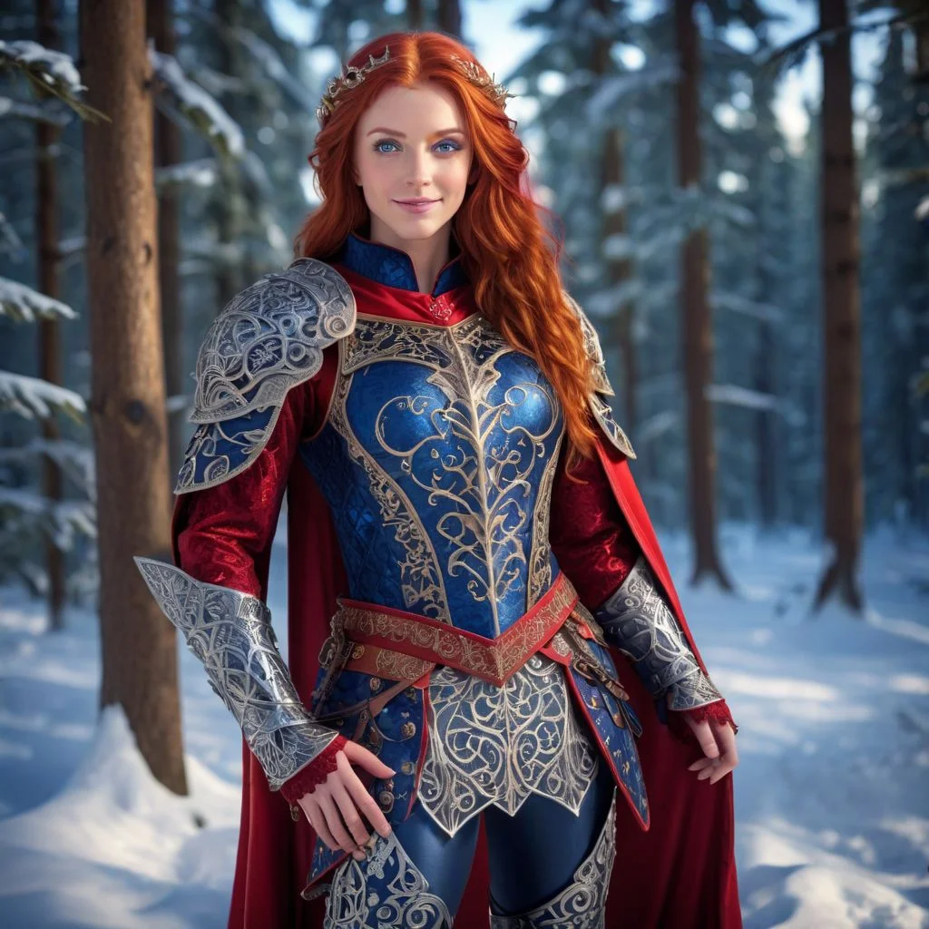Odessa, masterpiece, highly realistic, 1girl, solo, red hair, long hair, smile, circlet, pants, cape, armor, closeup, full body, outdoors, (masterpiece:1.1), (best quality:1.1), 1girl, Real light and shadow, raytracing, 4k, 8k, wallpaper, epic, detail texture, red hair, (blue eyes:1.5), ((((red hair:1.35, medium hair)))), intricate eyes, beautiful detailed eyes, symmetrical eyes, big eyes:1.5, (((lustrous skin:1.5, bright skin:1.5, skin tanned, shiny skin, very shiny skin, shiny body, plastic glitter skin, exaggerated shiny skin, illuminated skin))), (detailed body,(detailed face)), cute, erotic, daring, (((medieval armor, adventurer man armor,winter coat))), (((intricate outfit, intricate clothes, embroidered outfit, ornate outfit, embroidered clothes, ornate armor))), (dynamic pose:1.0), happy, smile, (centered, scale to fit dimensions, Rule of thirds), ((snowy pine forest at night)), with dark stormy clouds, winter, scenery:1.25, ((snow forest background)), Christmas tree, highres, sharp focus, (ultra detailed, extremely detailed), (photorealistic),(extremely detailed CG unity 8k wallpaper), (((vibrant colors, vibrant theme))), (intricate), (masterpiece),(best quality), lean on table, lace dress, Princess Eilonwy,