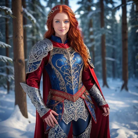Odessa, masterpiece, highly realistic, 1girl, solo, red hair, long hair, smile, circlet, pants, cape, armor,  closeup,  full body, outdoors, (masterpiece:1.1), (best quality:1.1), 1girl, Real light and shadow, raytracing, 4k, 8k, wallpaper, epic, detail texture, red hair, (blue eyes:1.5), ((((red hair:1.35, medium hair)))), intricate eyes, beautiful detailed eyes, symmetrical eyes, big eyes:1.5, (((lustrous skin:1.5, bright skin:1.5, skin tanned, shiny skin, very shiny skin, shiny body, plastic glitter skin, exaggerated shiny skin, illuminated skin))), (detailed body,(detailed face)), cute, erotic, daring, (((medieval armor, adventurer man armor,winter coat))), (((intricate outfit, intricate clothes, embroidered outfit, ornate outfit, embroidered clothes, ornate armor))), (dynamic pose:1.0), happy, smile, (centered, scale to fit dimensions, Rule of thirds), ((snowy pine forest at night)), with dark stormy clouds, winter, scenery:1.25, ((snow forest background)), Christmas tree, highres, sharp focus, (ultra detailed, extremely detailed), (photorealistic),(extremely detailed CG unity 8k wallpaper), (((vibrant colors, vibrant theme))), (intricate), (masterpiece),(best quality), lean on table, lace dress, Princess Eilonwy,
