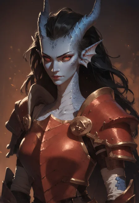 score_9, score_8_up, score_7_up,  rating_safe, dragon girl, warrior, solo, fierce look, black hair, blue scales, looking at viewer, red scale armor  <lora:pony/concept_art_ultimatum_style:0.8> <lora:pony/expressiveh:0.8> expressiveh <lora:sdxl/sinfully_stylish_sdxl>