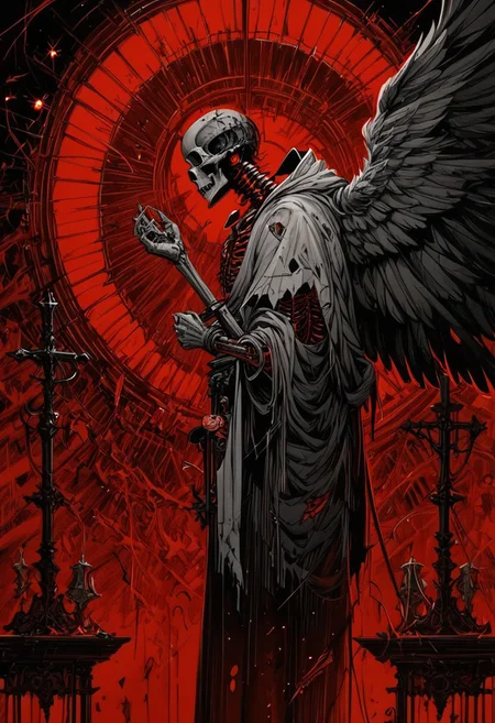 (score_9, score_8_up), score_7_up, zPDXL, solo, 1boy, meditating, monk, no humans, holding large sword, side view, looking at viewer, looking down, glowing, robot, skull, ribs, skeleton, damaged, bone, feathered wings, black and red theme, limited palette, black and red theme, monochrome, greyscale   FULL BODY PICTURE, IN FRAME <lora:GRIM_v1:0.9>