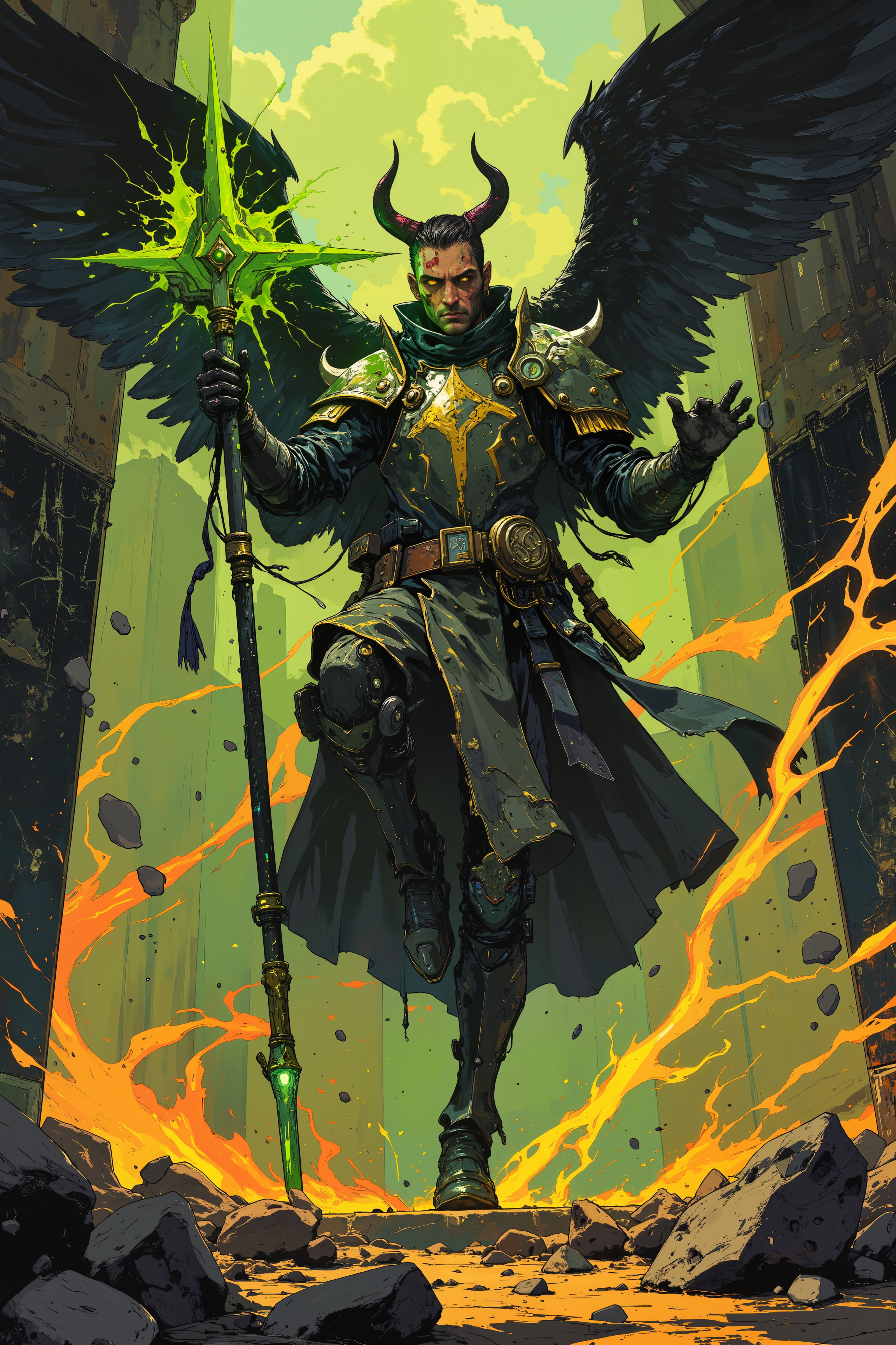 A dynamic anime-style illustration of A warlock champion rises on wings of shadow, his obsidian sceptre leaving trails of dark magic. His cursed plate mail burns with green fire as he attacks, each piece bound to a different demon lord. The armor whispers secrets of the void between movements. A throne room of bones and black marble spreads below. His face is marked with ritual scars, eyes burn with infernal power, and small horns pierce through his pale skin. The sunlight casts soft, warm shadows, enhancing the vibrant and energetic mood. The overall composition is dynamic and asymmetrical, with a strong sense of scale and movement in the scene. DB4RZ, DB4RZ style painting, NeoPigma, in the style of cksc, anime <lora:CPA:0.5><lora:FLUX-daubrez-DB4RZ:0.3><lora:Luminous_Shadowscape-000016:0.3><lora:NeoPigmaV3:0.3><lora:ck-shadow-circuit-000021:0.35>