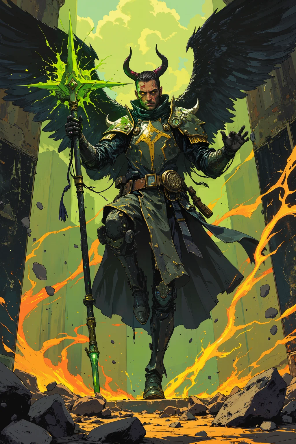 A dynamic anime-style illustration of A warlock champion rises on wings of shadow, his obsidian sceptre leaving trails of dark magic. His cursed plate mail burns with green fire as he attacks, each piece bound to a different demon lord. The armor whispers secrets of the void between movements. A throne room of bones and black marble spreads below. His face is marked with ritual scars, eyes burn with infernal power, and small horns pierce through his pale skin. The sunlight casts soft, warm shadows, enhancing the vibrant and energetic mood. The overall composition is dynamic and asymmetrical, with a strong sense of scale and movement in the scene. DB4RZ, DB4RZ style painting, NeoPigma, in the style of cksc, anime <lora:CPA:0.5><lora:FLUX-daubrez-DB4RZ:0.3><lora:Luminous_Shadowscape-000016:0.3><lora:NeoPigmaV3:0.3><lora:ck-shadow-circuit-000021:0.35>