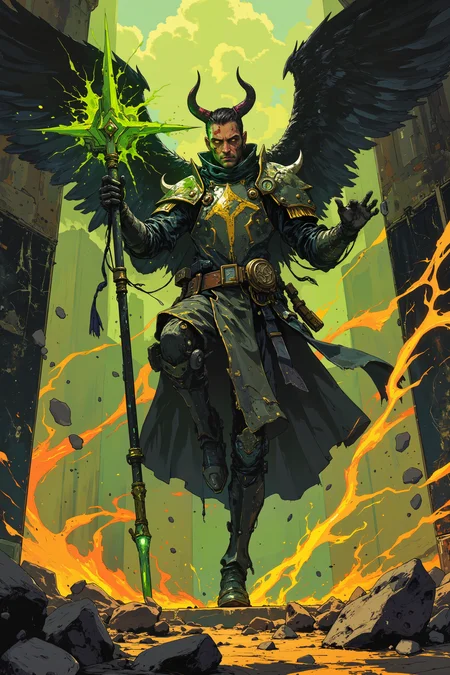 A dynamic anime-style illustration of A warlock champion rises on wings of shadow, his obsidian sceptre leaving trails of dark magic. His cursed plate mail burns with green fire as he attacks, each piece bound to a different demon lord. The armor whispers secrets of the void between movements. A throne room of bones and black marble spreads below. His face is marked with ritual scars, eyes burn with infernal power, and small horns pierce through his pale skin. The sunlight casts soft, warm shadows, enhancing the vibrant and energetic mood. The overall composition is dynamic and asymmetrical, with a strong sense of scale and movement in the scene. DB4RZ, DB4RZ style painting, NeoPigma, in the style of cksc, anime <lora:CPA:0.5><lora:FLUX-daubrez-DB4RZ:0.3><lora:Luminous_Shadowscape-000016:0.3><lora:NeoPigmaV3:0.3><lora:ck-shadow-circuit-000021:0.35>