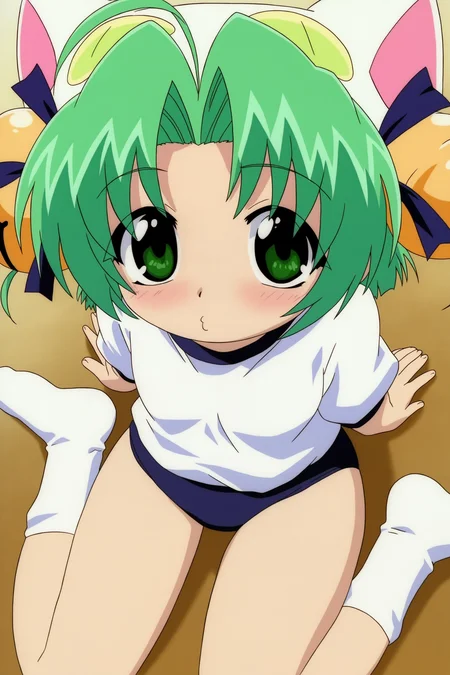 digicharatspecial, dejiko, 1girl, flat chest, solo, short hair, hair ornament, hat, animal ears, green eyes, green hair, cat ears, hair intakes, hair bell, animal hat, cat hat, looking at viewer, gym uniform, white shirt, wariza, light blush, from above, close-up, blue buruma, o3o, white socks, 
(masterpiece, best quality, absurdres, highres), very awa, 