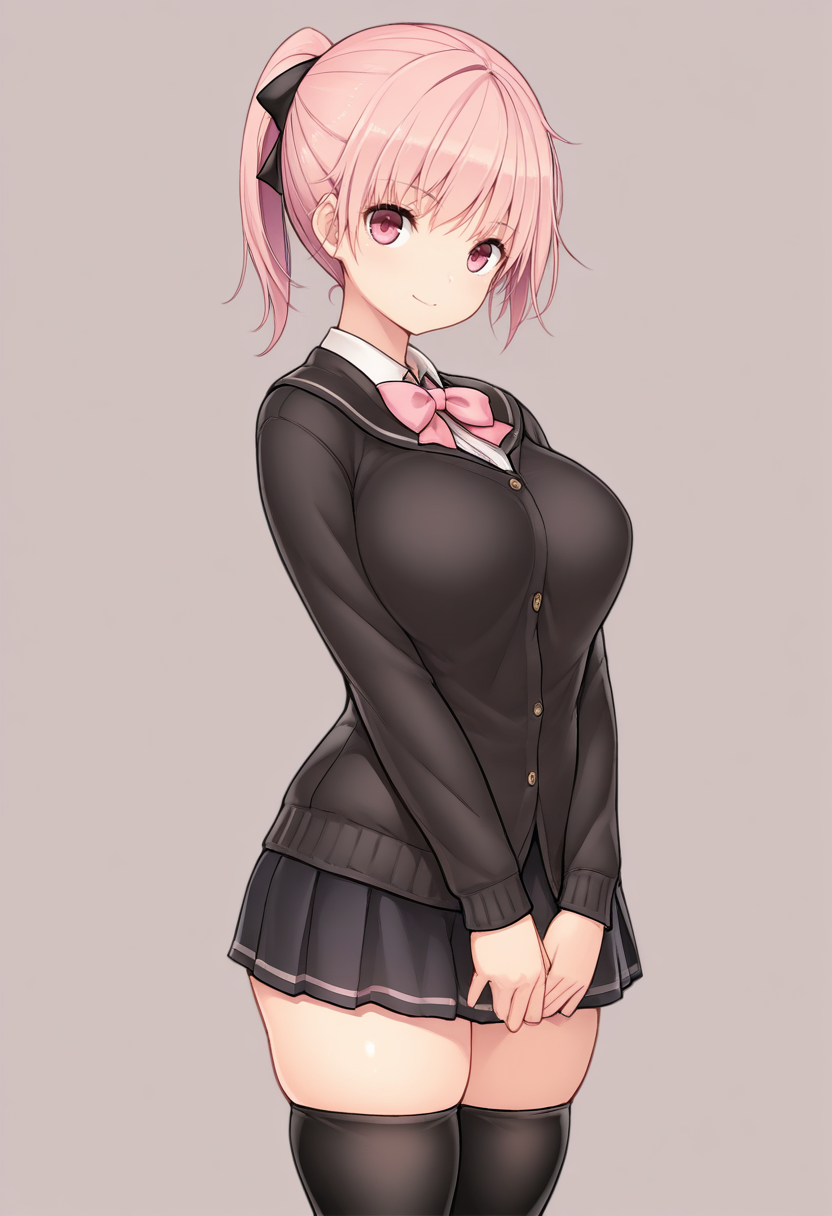 masterpiece, best quality,  
 <lora:Messhi_Style:1> M355h1, 1girl, solo,standing,looking at viewer, happy, closed mouth,pink hair, ponytail, pink eyes,school uniform, bow, long sleeves, skirt, skindentation, thighhighs,