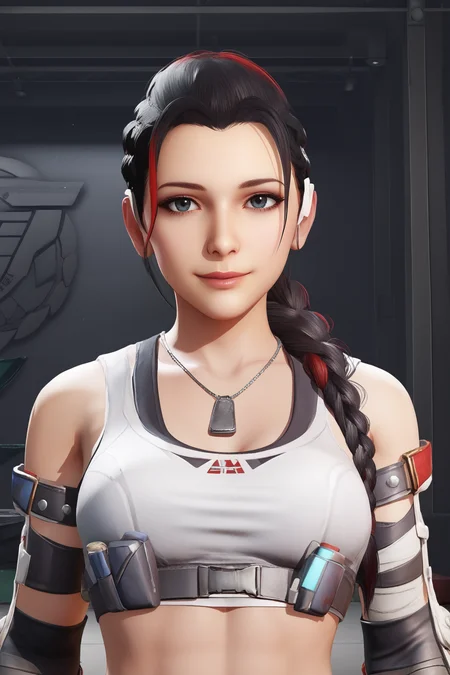 score_9, score_8_up, score_7_up, score_6_up, BREAK, AliasBoxingCCODXL, black eyes, black hair, red hair, streaked hair, long hair, braid, single braid, hair behind ear, medium breasts, dog tags, white midrrif, black sports bra, black bandages, red gloves, fingerless gloves, solo, front view, (portrait, upper body), solo focus, seductive smile, looking at viewer, indoors <lora:AliasBoxingCCODXL:0.9>