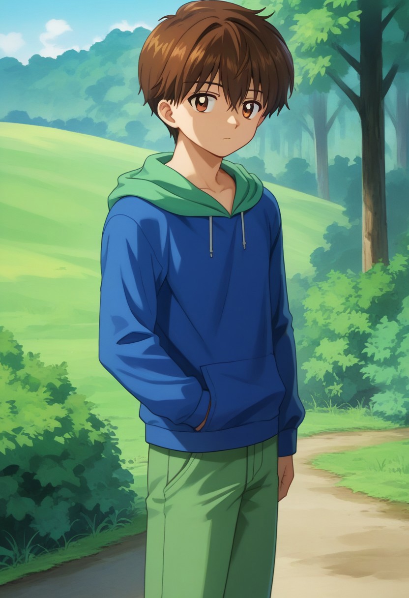 score_9, score_7_up, source_anime 
kanata, 1boy, male focus, solo, brown eyes, brown hair, short hair, bangs, hair between eyes, hoodie, hood, blue hoodie, green hood, pants,
outdoor,