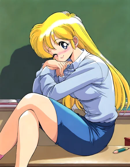 <lora:pony_xl_runa:0.9>,runa,score_9,source_anime,source_anime,1girl,solo,no makeup,long hair,teacher,white_shirt,collared_shirt,sitting,pencil skirt,miniskirt,high heels,chalkboard,one eye closed,smile,;d,