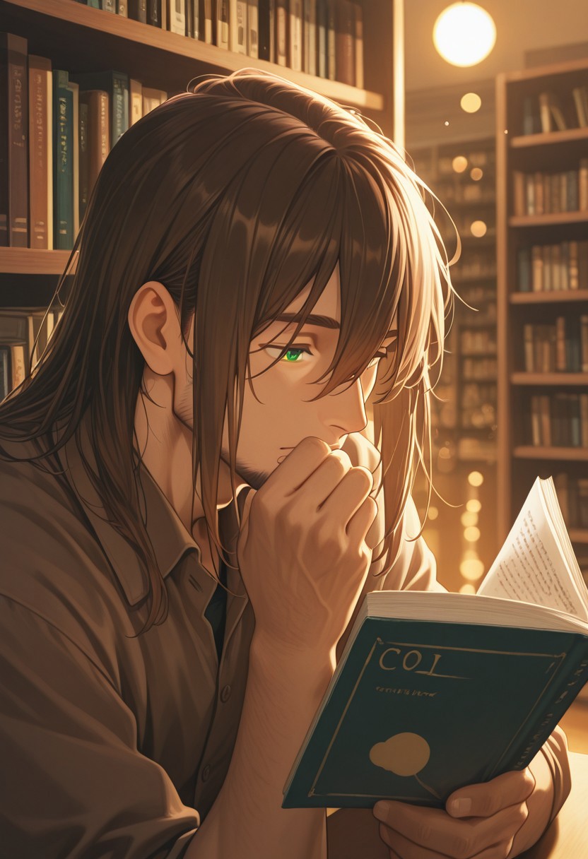 1boy, mbti_infp, mature man, long brown hair, green eyes, in bookstore, reading, bookshelves, soft light, intellectual, thoughtful, cool, stylish, aesthetic, detailed background, highres, masterpiece, best quality, bokeh
