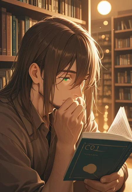 1boy, mbti_infp, mature man, long brown hair, green eyes, in bookstore, reading, bookshelves, soft light, intellectual, thoughtful, cool, stylish, aesthetic, detailed background, highres, masterpiece, best quality, bokeh