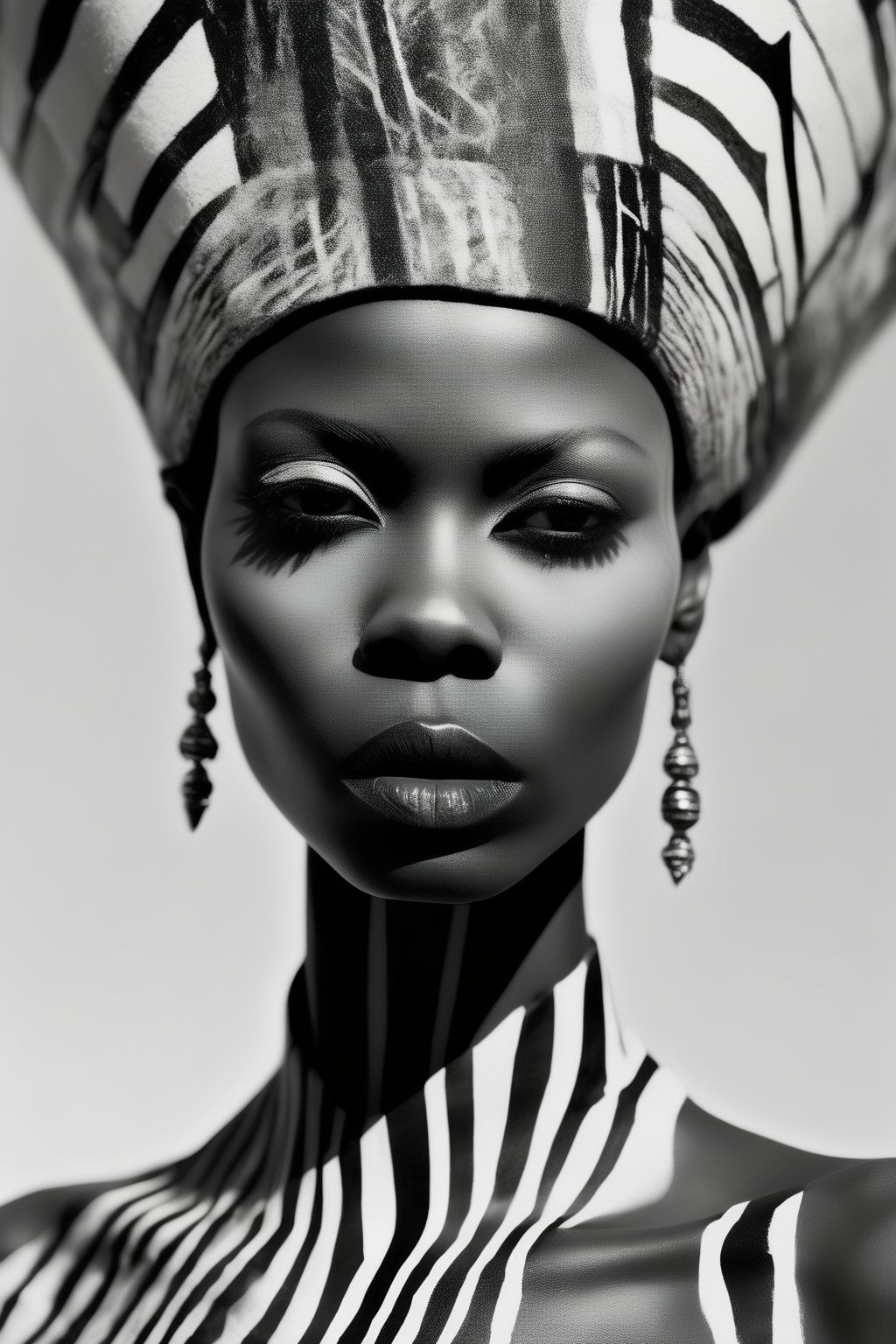 <lora:Zanele Muholi Style:1>Zanele Muholi Style - Photographed by Zanele Muholi using a Contax 645, a stunning female supermodel dons an avant-garde design by Comme des Garons, set against the striking backdrop inspired by the intricate line work of Indian artist Atul Dodiya's paintings. Her face, shot from an engaging low angle, reveals the dramatic, chiaroscuro lighting techniques that emphasize the bold contrasts in Dodiya's artwork. The scene marries her crystal-clear and lifelike facial features with the vibrant, energetic compositions of Dodiya's unique creations, evoking a sense of depth and complexity.