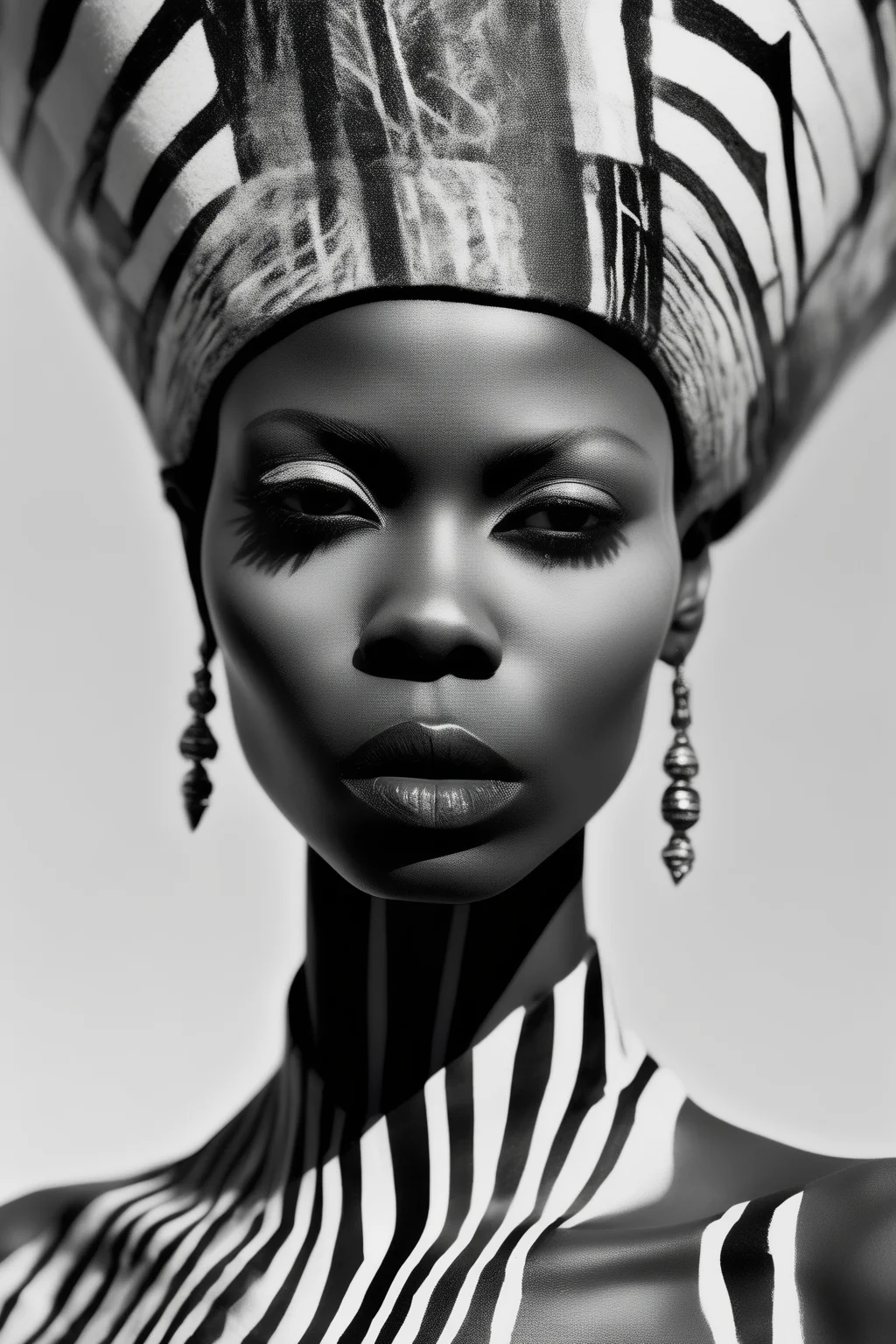<lora:Zanele Muholi Style:1>Zanele Muholi Style - Photographed by Zanele Muholi using a Contax 645, a stunning female supermodel dons an avant-garde design by Comme des Garons, set against the striking backdrop inspired by the intricate line work of Indian artist Atul Dodiya's paintings. Her face, shot from an engaging low angle, reveals the dramatic, chiaroscuro lighting techniques that emphasize the bold contrasts in Dodiya's artwork. The scene marries her crystal-clear and lifelike facial features with the vibrant, energetic compositions of Dodiya's unique creations, evoking a sense of depth and complexity.