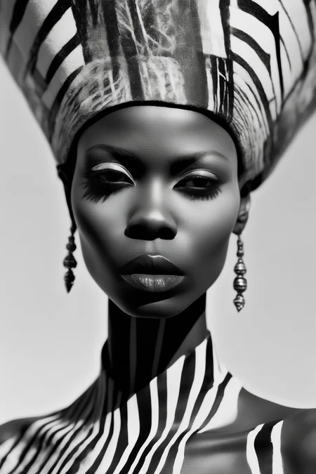 <lora:Zanele Muholi Style:1>Zanele Muholi Style - Photographed by Zanele Muholi using a Contax 645, a stunning female supermodel dons an avant-garde design by Comme des Garons, set against the striking backdrop inspired by the intricate line work of Indian artist Atul Dodiya's paintings. Her face, shot from an engaging low angle, reveals the dramatic, chiaroscuro lighting techniques that emphasize the bold contrasts in Dodiya's artwork. The scene marries her crystal-clear and lifelike facial features with the vibrant, energetic compositions of Dodiya's unique creations, evoking a sense of depth and complexity.