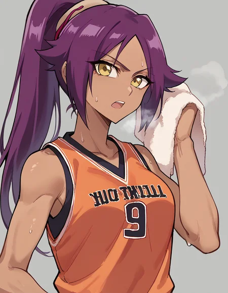 score_9, score_8_up, score_7_up, source_anime, <lora:yoruichi-shihouin-ponyxl-lora-nochekaiser:1> yoruichi shihouin, long hair, yellow eyes, ponytail, purple hair, dark skin, dark-skinned female, medium breasts, <lora:basketball-uniform-ponyxl-lora-nochekaiser:1> basketball uniform, basketball jersery, sportswear, jersey, shorts, sleeveless,, audience, gym, sweat, open mouth, steam, <lora:wiping-towel-ponyxl-lora-nochekaiser:1> wiping sweat, towel, holding, sweat, holding towel, looking at viewer, open mouth,, cowboy shot,